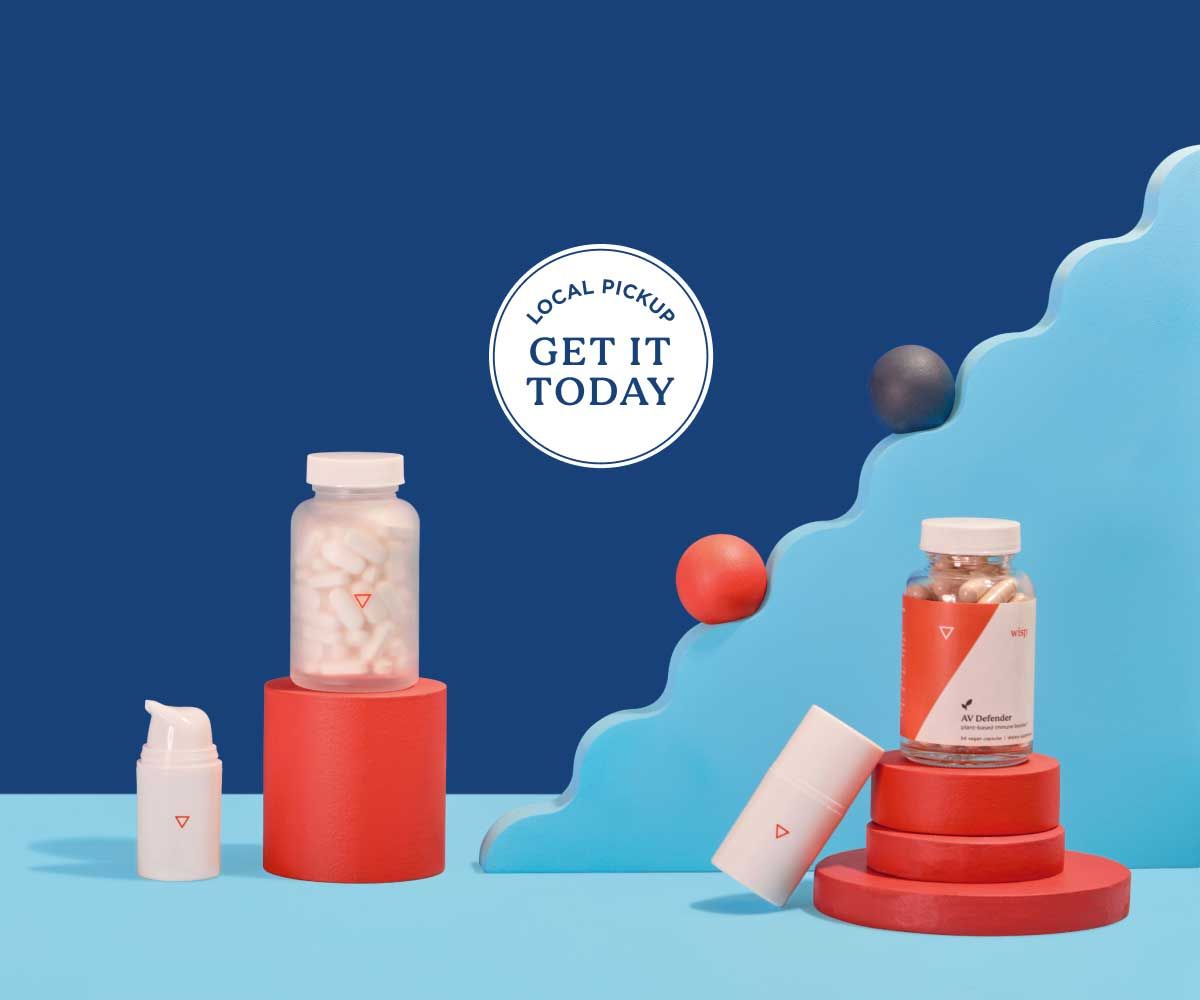 Wisp prescription Herpes treatment and prevention on a blue and red geometric background