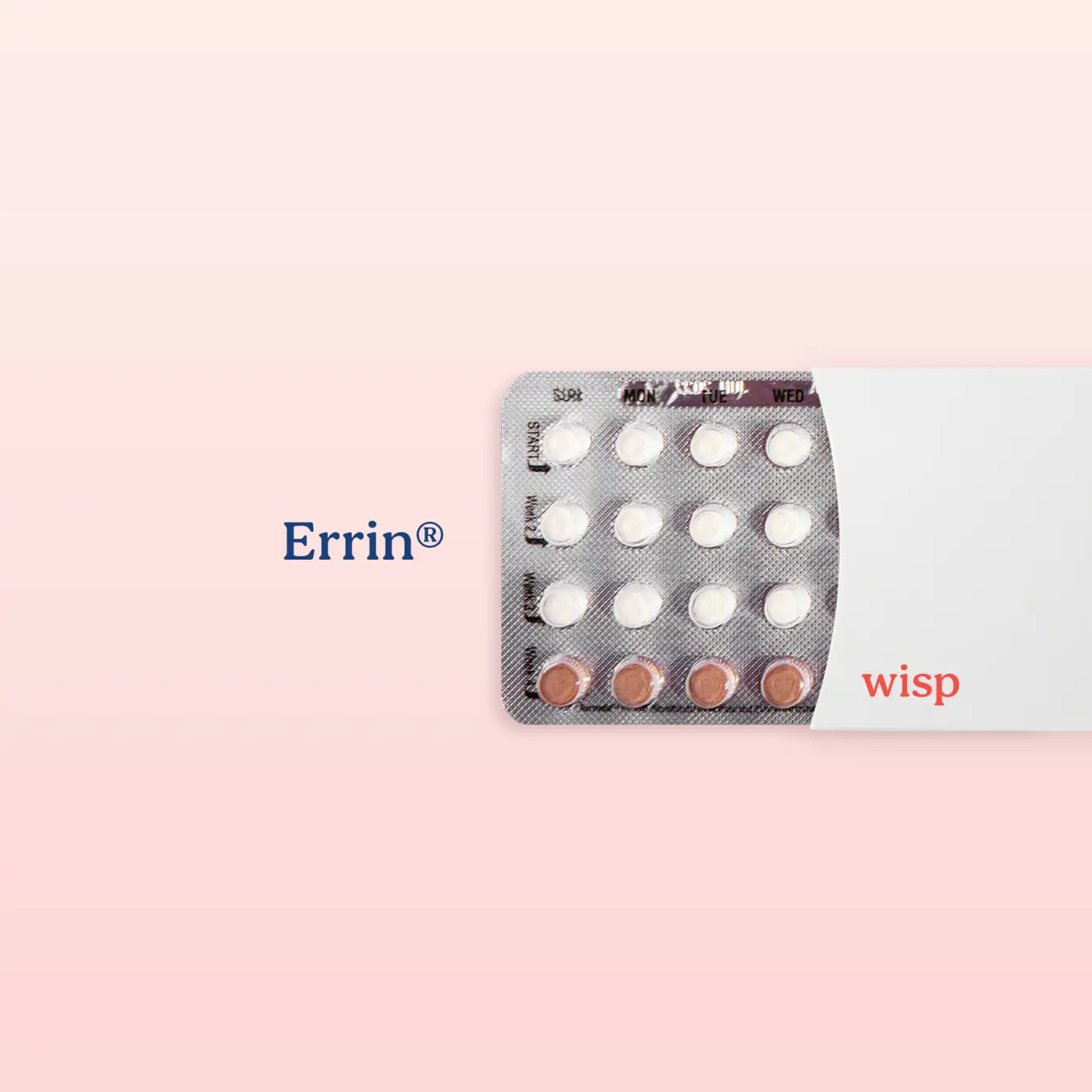 Packet of Errin birth control pills on a pink background