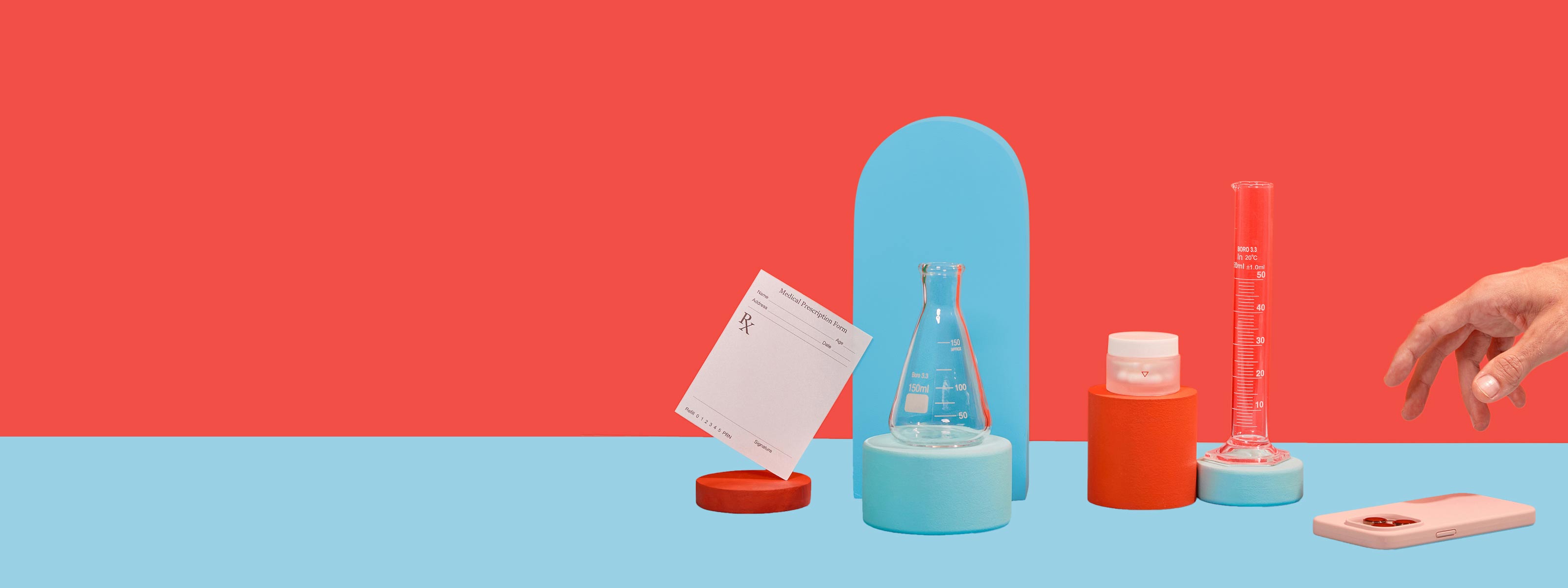 Man's hand reaches for phone sitting next to lab slip, reproductive health medications, and test tubes on colorful geometric background