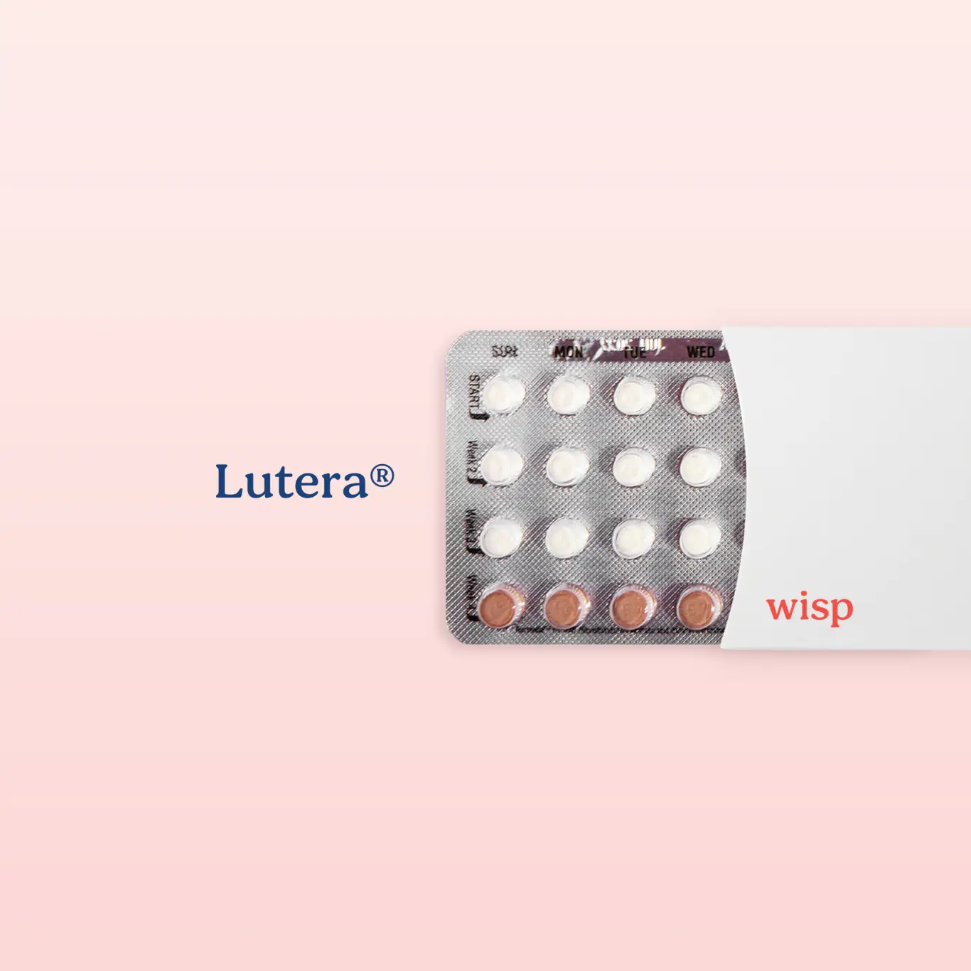Packet of Lutera birth control pills on a pink background