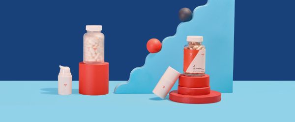 Wisp prescription Herpes treatment and prevention on a blue and red geometric background