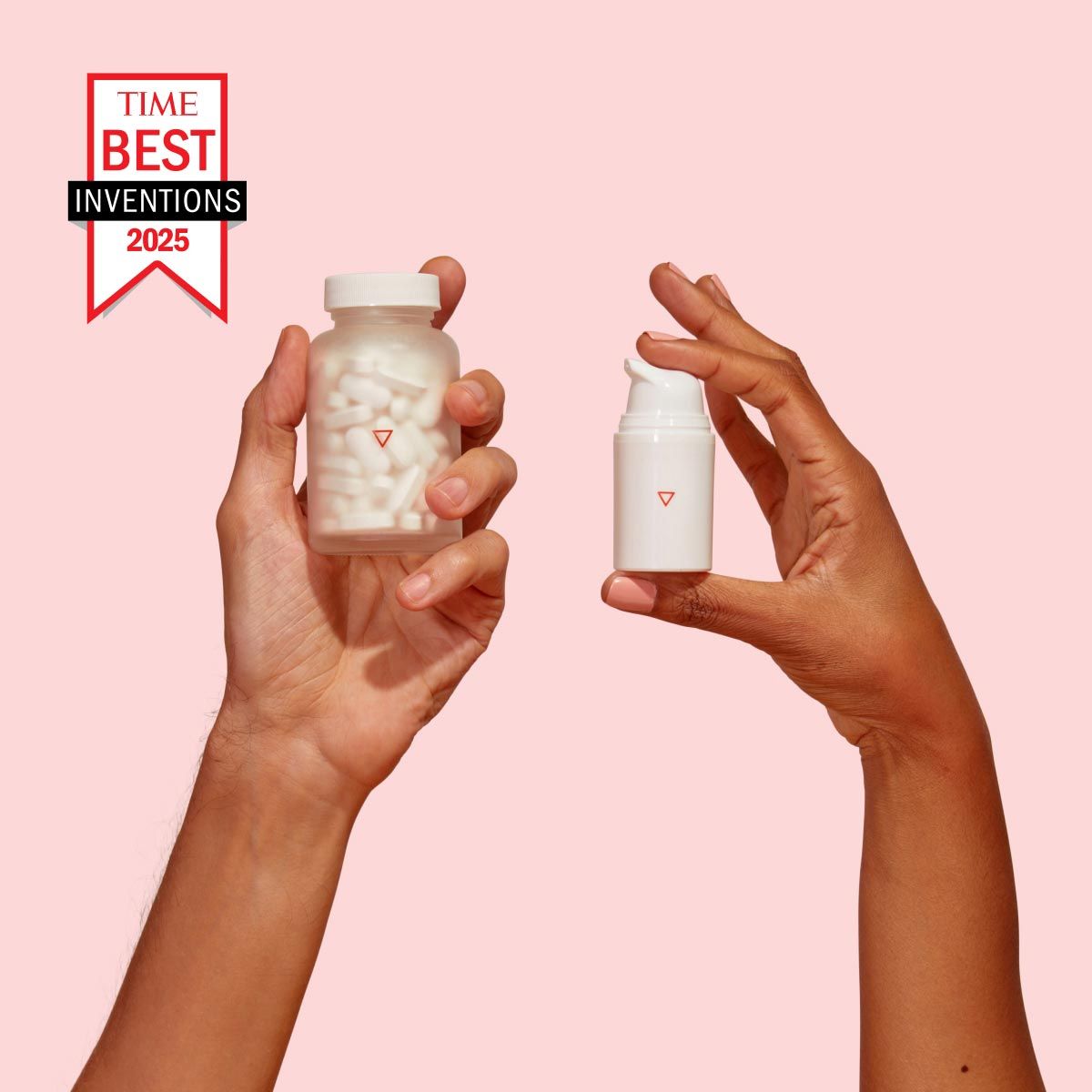 A man's hand holding a Wisp glass pill jar and a woman's hand holding a Wisp pump bottle in front of a pink background with a Time's Best Inventions badge