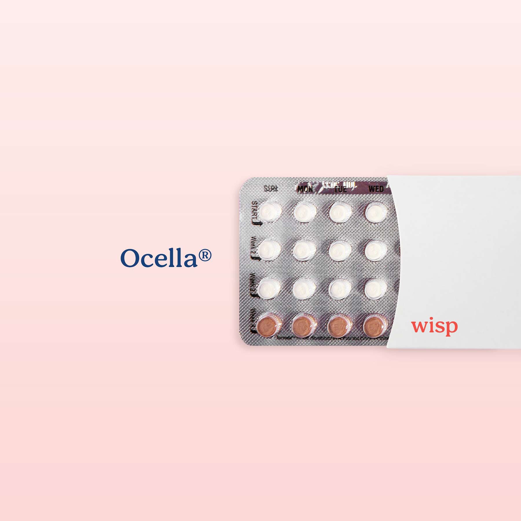 Packet of Ocella birth control pills on a pink background