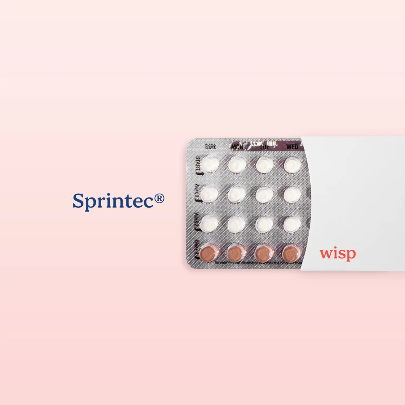 Packet of Sprintec birth control pills on a pink background