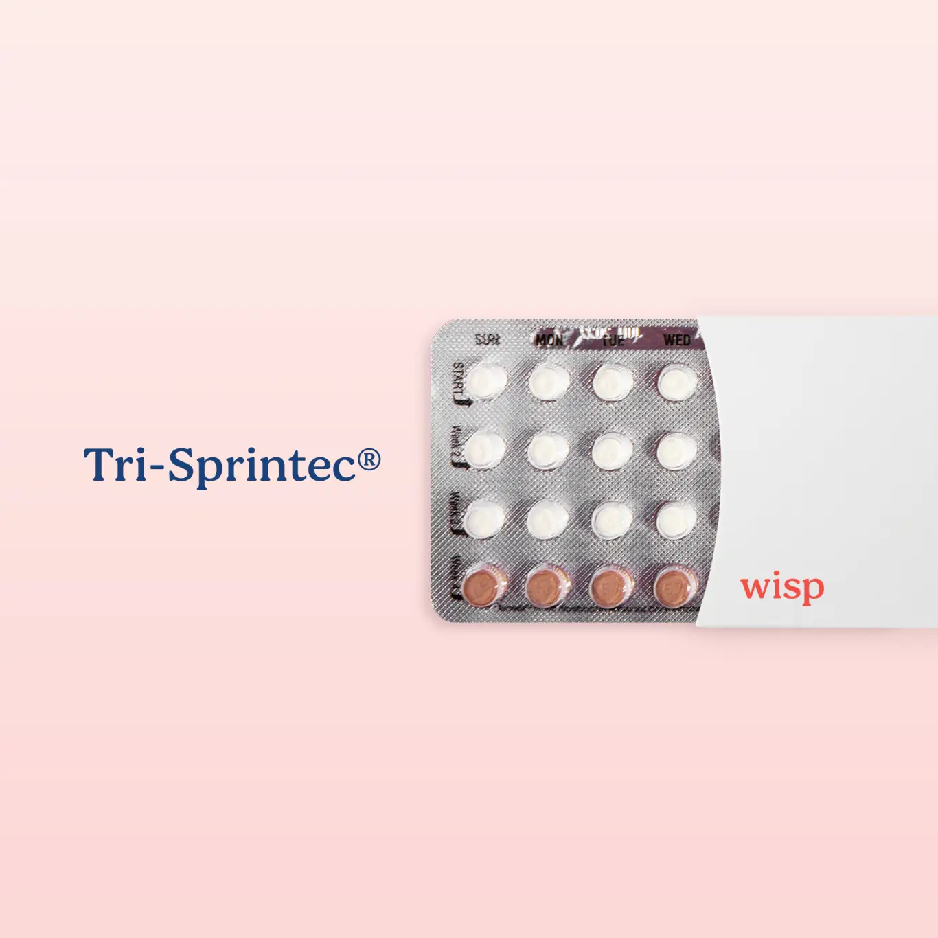 Packet of Sprintec birth control pills on a pink background